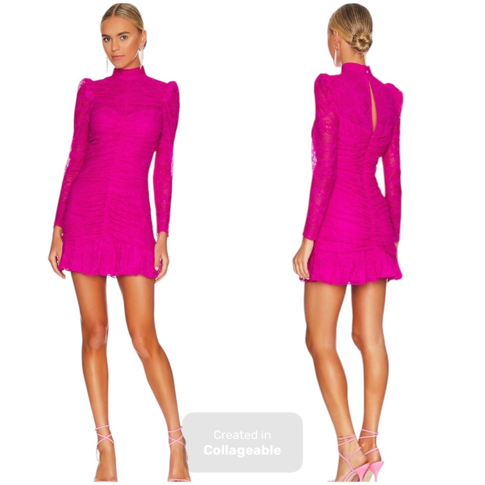 Saylor Fuchsia Pink Marcey Lace Ruched Mini Dress Small